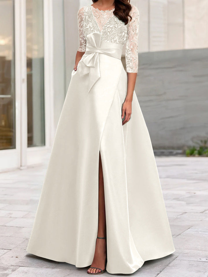 Robe de Mère de la Mariée Coupe A-Line/Princess à Encolure Illusion et Manches 3/4 avec Fente Sur le Côté