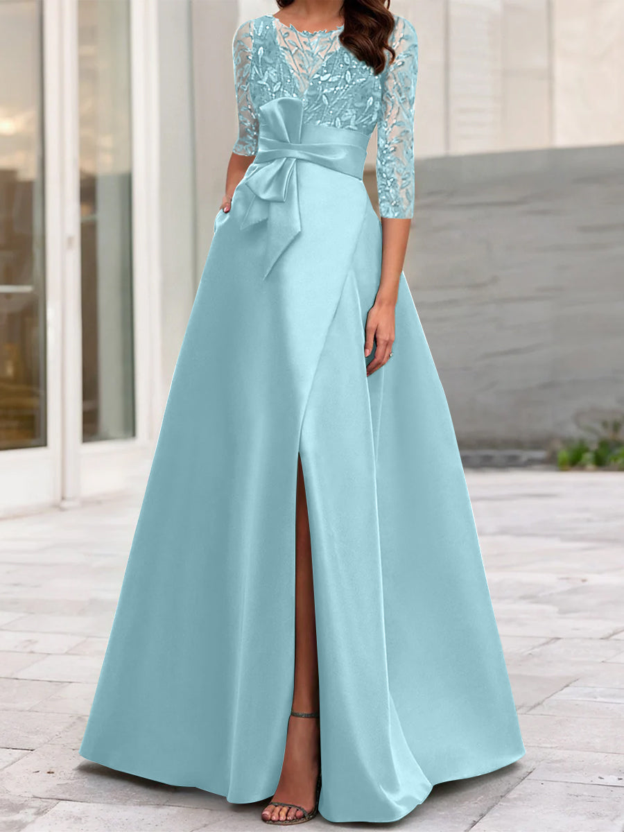 Robe de Mère de la Mariée Coupe A-Line/Princess à Encolure Illusion et Manches 3/4 avec Fente Sur le Côté