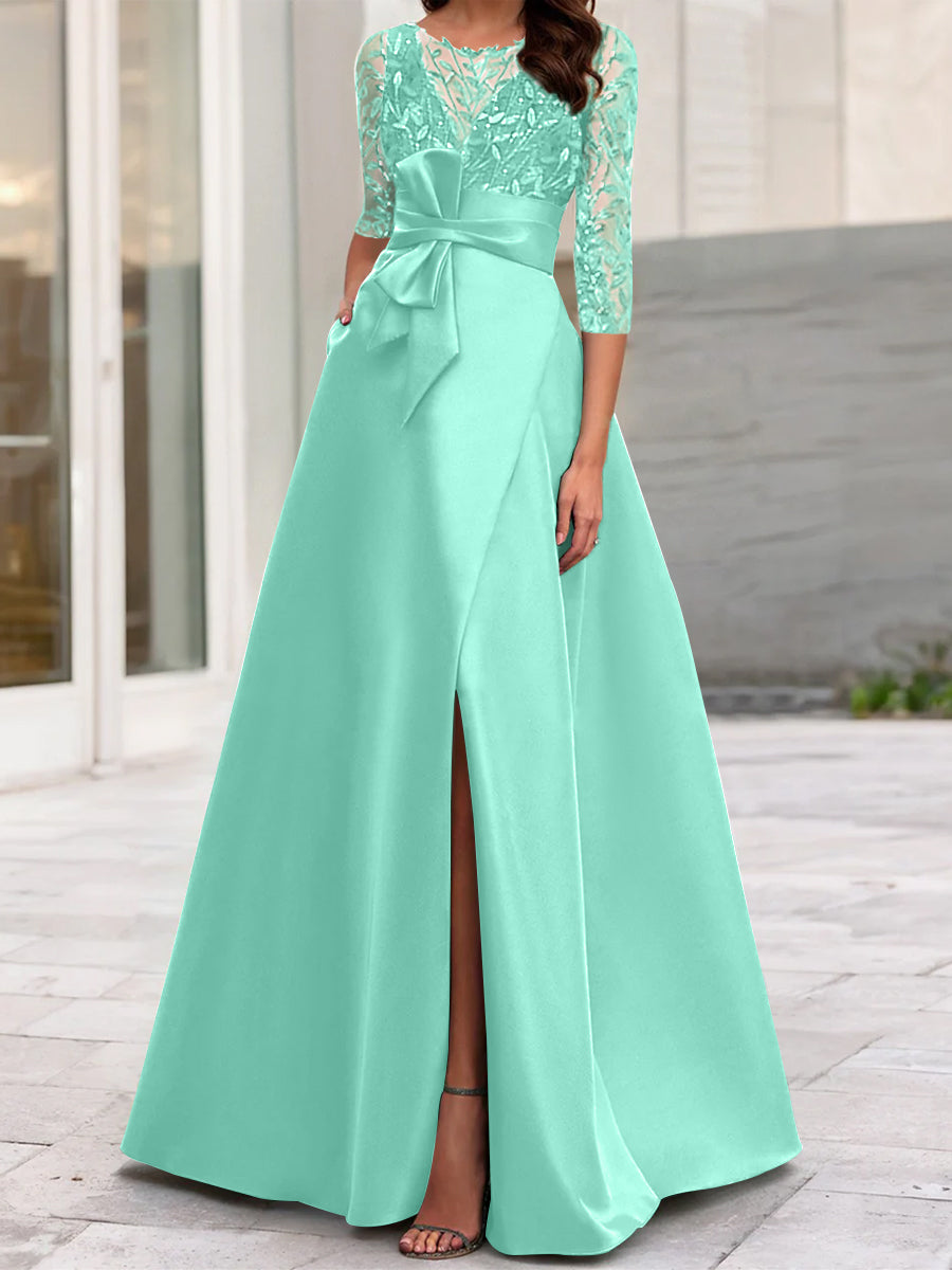 Robe de Mère de la Mariée Coupe A-Line/Princess à Encolure Illusion et Manches 3/4 avec Fente Sur le Côté