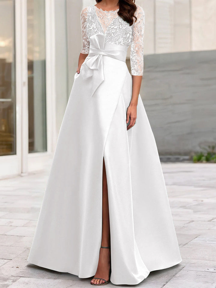 Robe de Mère de la Mariée Coupe A-Line/Princess à Encolure Illusion et Manches 3/4 avec Fente Sur le Côté