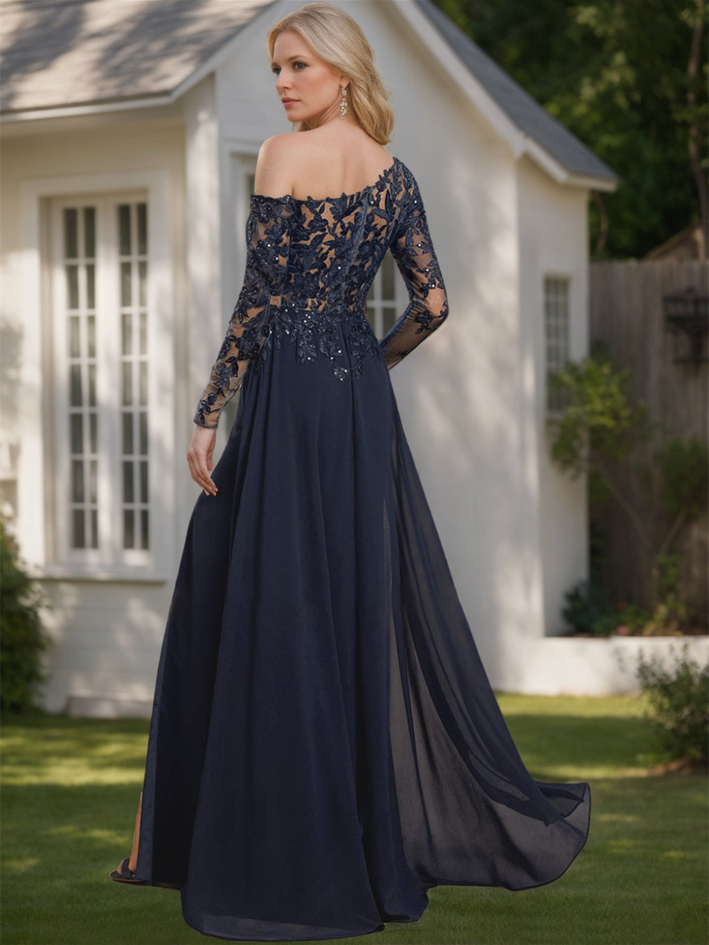 Robe de Mère de la Mariée A-Line/Princess à Une Épaule et Manches Longues, Longueur Au Sol, avec Fente Haute