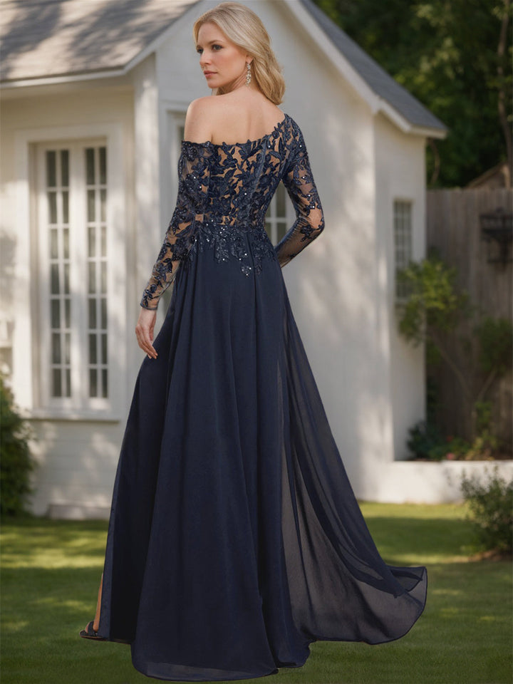 Robe de Mère de la Mariée A-Line/Princess à Une Épaule et Manches Longues, Longueur Au Sol, avec Fente Haute