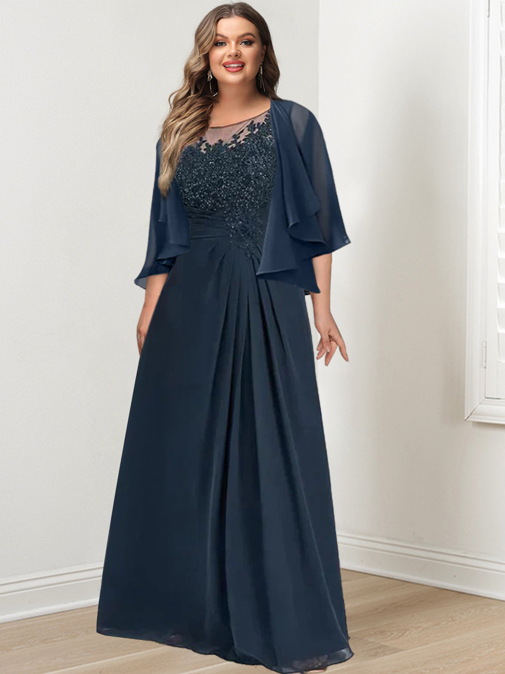 Robe de Mère de la Mariée Grande Taille, Coupe A-Line/Princess, Longueur Au Sol, avec Plis et Paillettes