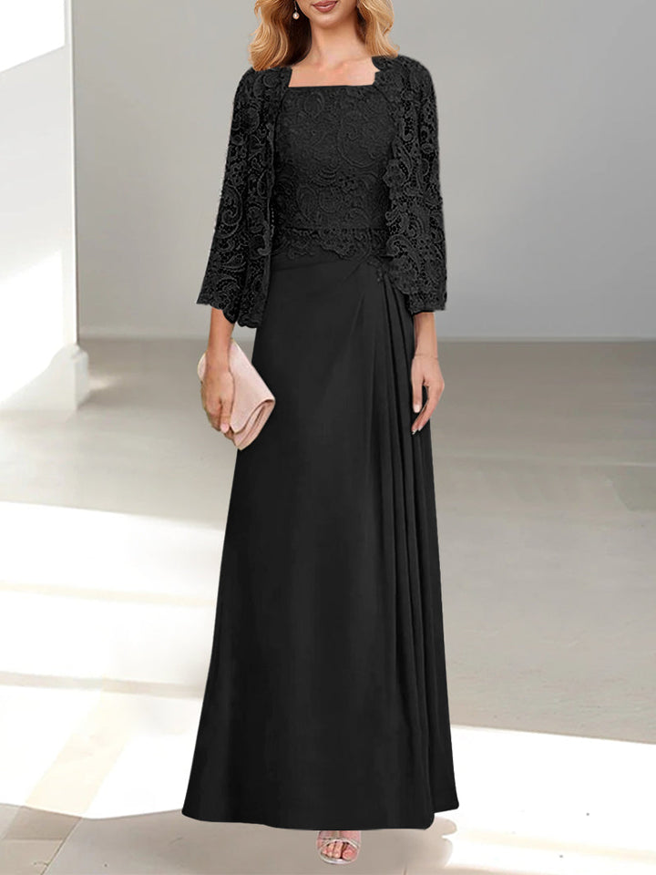 Robe De Mère De La Mariée 2 Pièces Coupe A-line/princesse Avec Décolleté Plongeant Et Longueur Au Sol Et Appliques Plissées Et En Dentelle