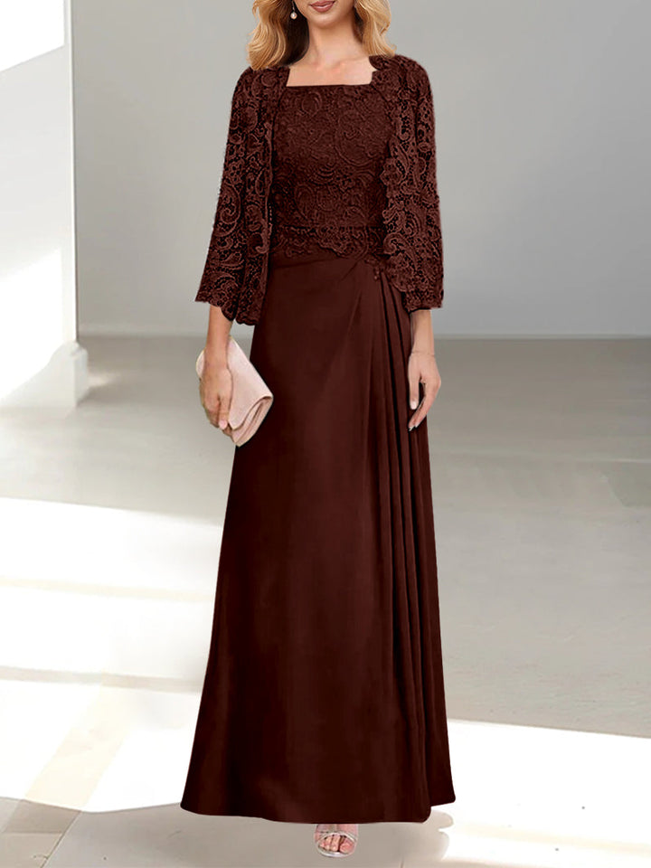 Robe De Mère De La Mariée 2 Pièces Coupe A-line/princesse Avec Décolleté Plongeant Et Longueur Au Sol Et Appliques Plissées Et En Dentelle