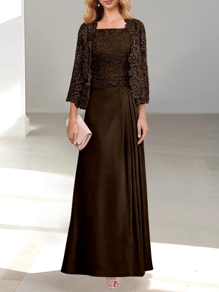 Robe De Mère De La Mariée 2 Pièces Coupe A-line/princesse Avec Décolleté Plongeant Et Longueur Au Sol Et Appliques Plissées Et En Dentelle