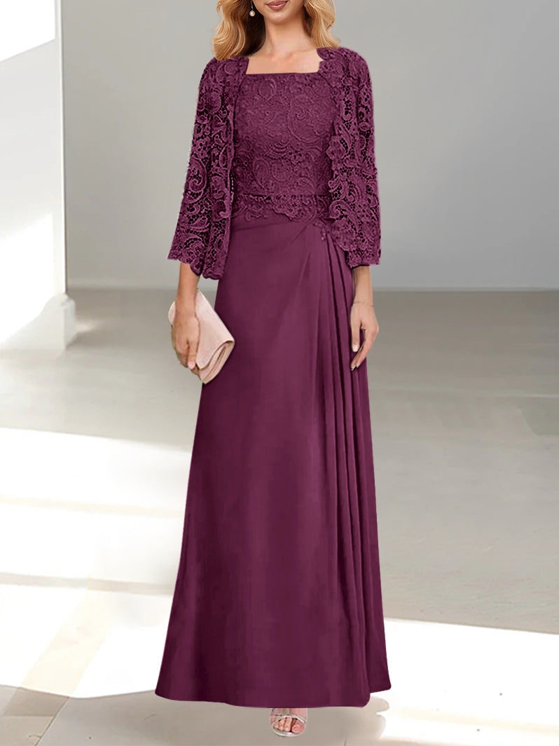 Robe De Mère De La Mariée 2 Pièces Coupe A-line/princesse Avec Décolleté Plongeant Et Longueur Au Sol Et Appliques Plissées Et En Dentelle