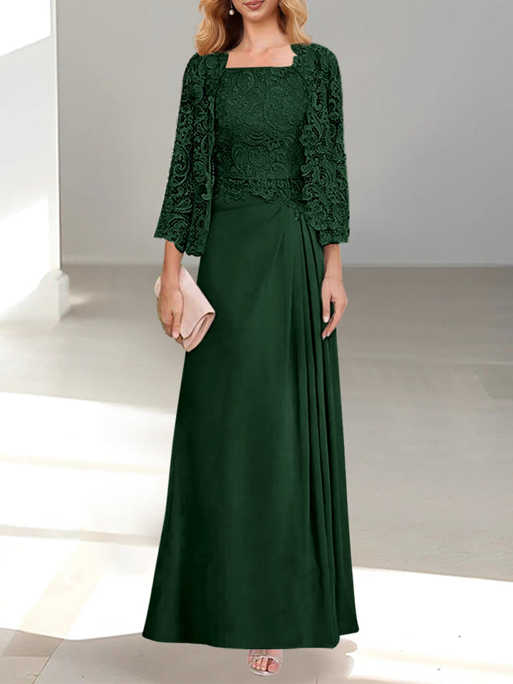 Robe De Mère De La Mariée 2 Pièces Coupe A-line/princesse Avec Décolleté Plongeant Et Longueur Au Sol Et Appliques Plissées Et En Dentelle