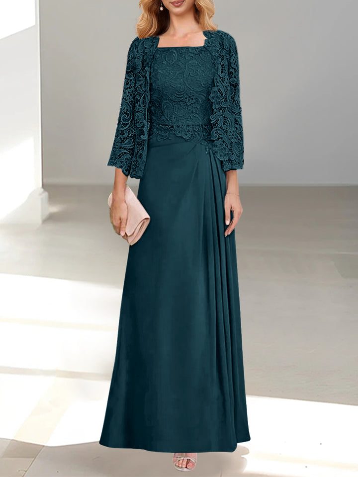 Robe De Mère De La Mariée 2 Pièces Coupe A-line/princesse Avec Décolleté Plongeant Et Longueur Au Sol Et Appliques Plissées Et En Dentelle