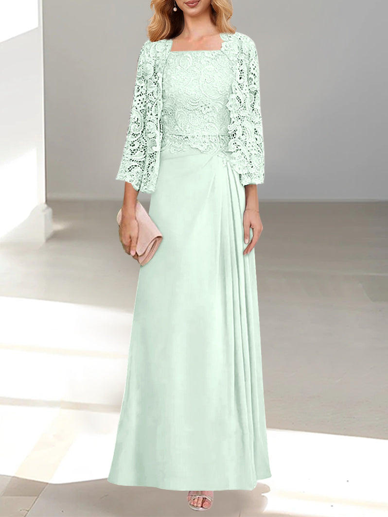 Robe De Mère De La Mariée 2 Pièces Coupe A-line/princesse Avec Décolleté Plongeant Et Longueur Au Sol Et Appliques Plissées Et En Dentelle