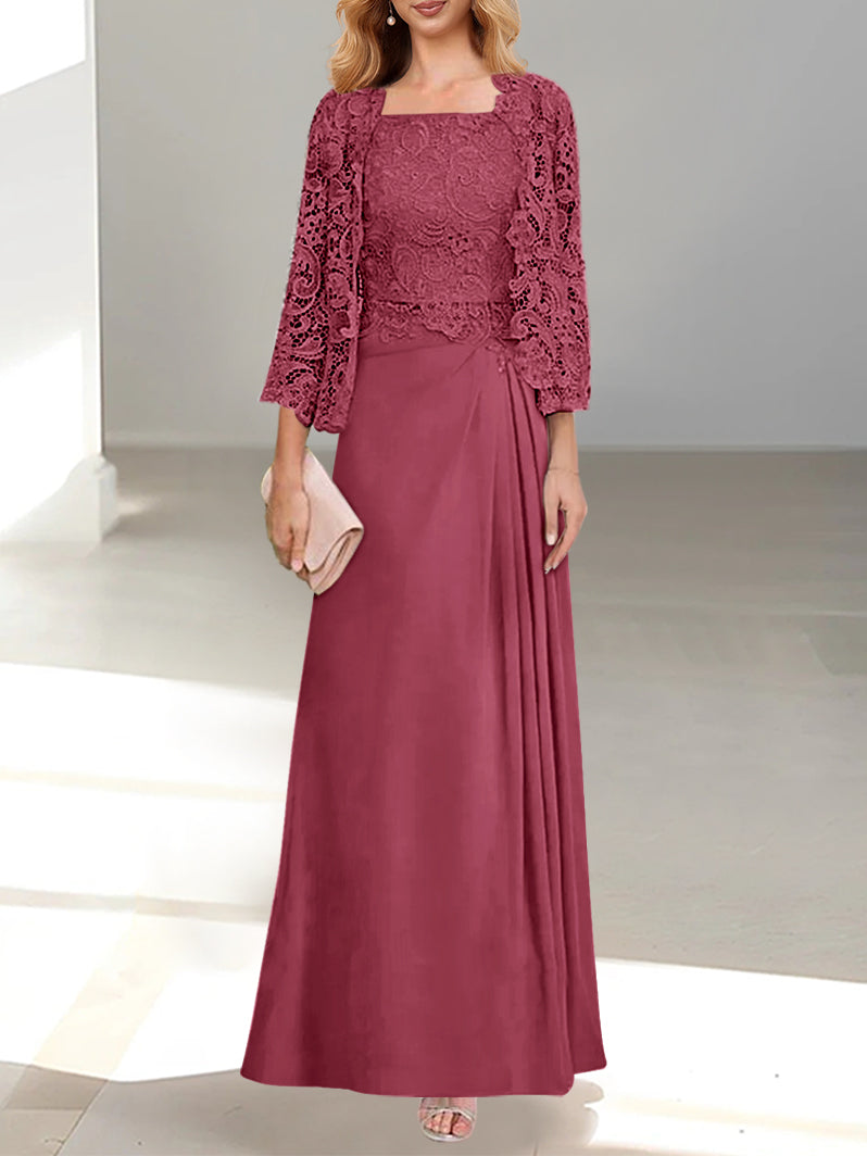 Robe De Mère De La Mariée 2 Pièces Coupe A-line/princesse Avec Décolleté Plongeant Et Longueur Au Sol Et Appliques Plissées Et En Dentelle