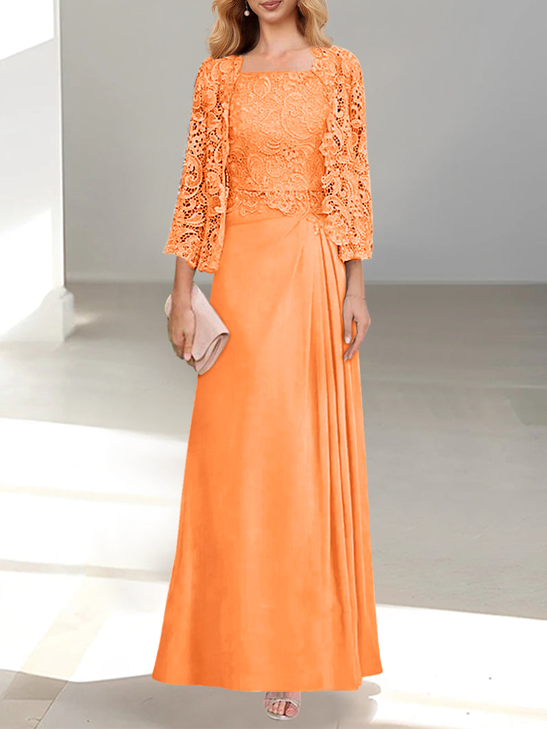 Robe De Mère De La Mariée 2 Pièces Coupe A-line/princesse Avec Décolleté Plongeant Et Longueur Au Sol Et Appliques Plissées Et En Dentelle