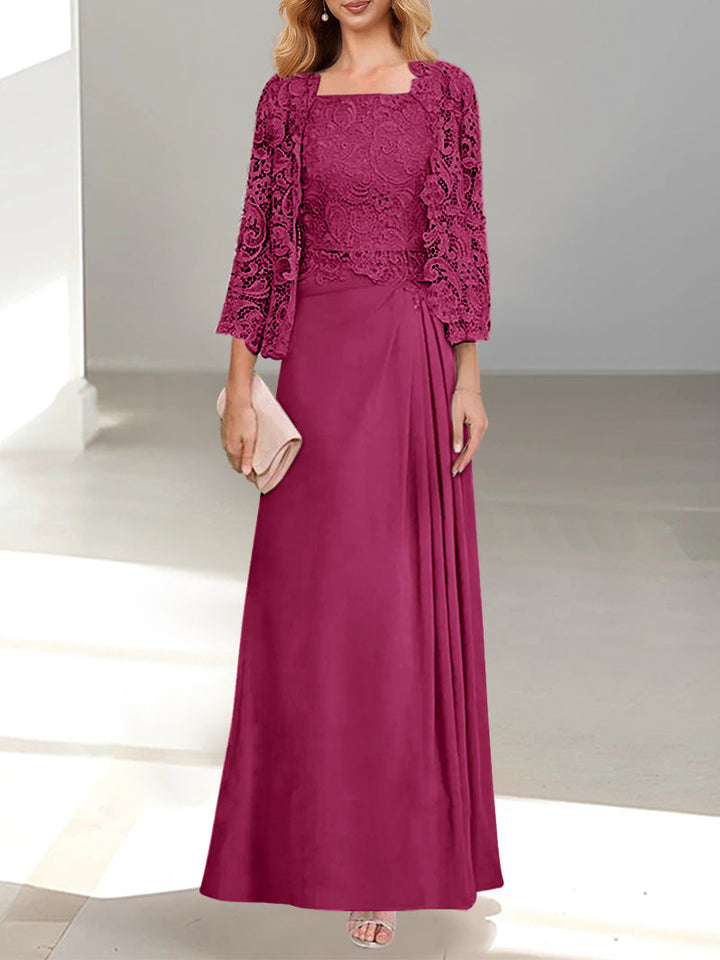 Robe De Mère De La Mariée 2 Pièces Coupe A-line/princesse Avec Décolleté Plongeant Et Longueur Au Sol Et Appliques Plissées Et En Dentelle