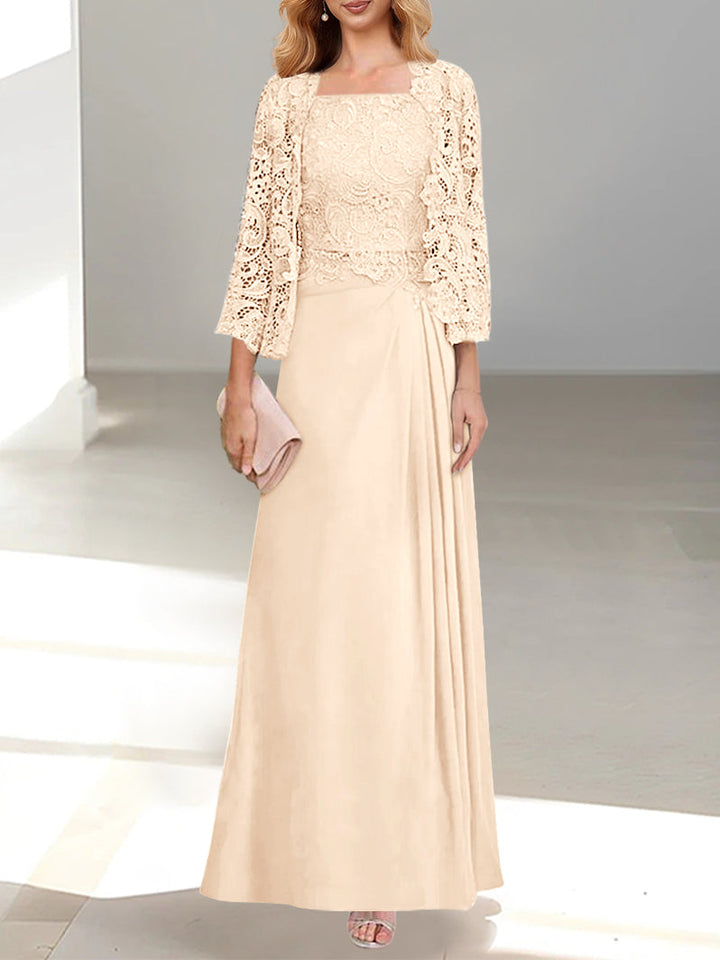 Robe De Mère De La Mariée 2 Pièces Coupe A-line/princesse Avec Décolleté Plongeant Et Longueur Au Sol Et Appliques Plissées Et En Dentelle