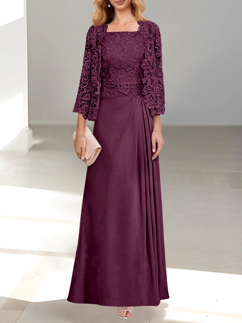 Robe De Mère De La Mariée 2 Pièces Coupe A-line/princesse Avec Décolleté Plongeant Et Longueur Au Sol Et Appliques Plissées Et En Dentelle