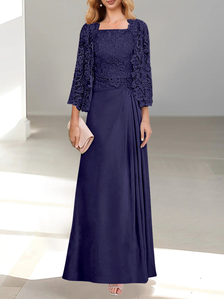 Robe De Mère De La Mariée 2 Pièces Coupe A-line/princesse Avec Décolleté Plongeant Et Longueur Au Sol Et Appliques Plissées Et En Dentelle