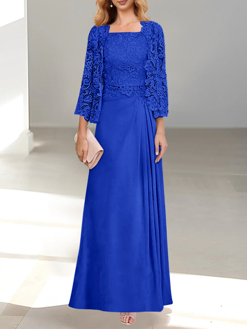 Robe De Mère De La Mariée 2 Pièces Coupe A-line/princesse Avec Décolleté Plongeant Et Longueur Au Sol Et Appliques Plissées Et En Dentelle