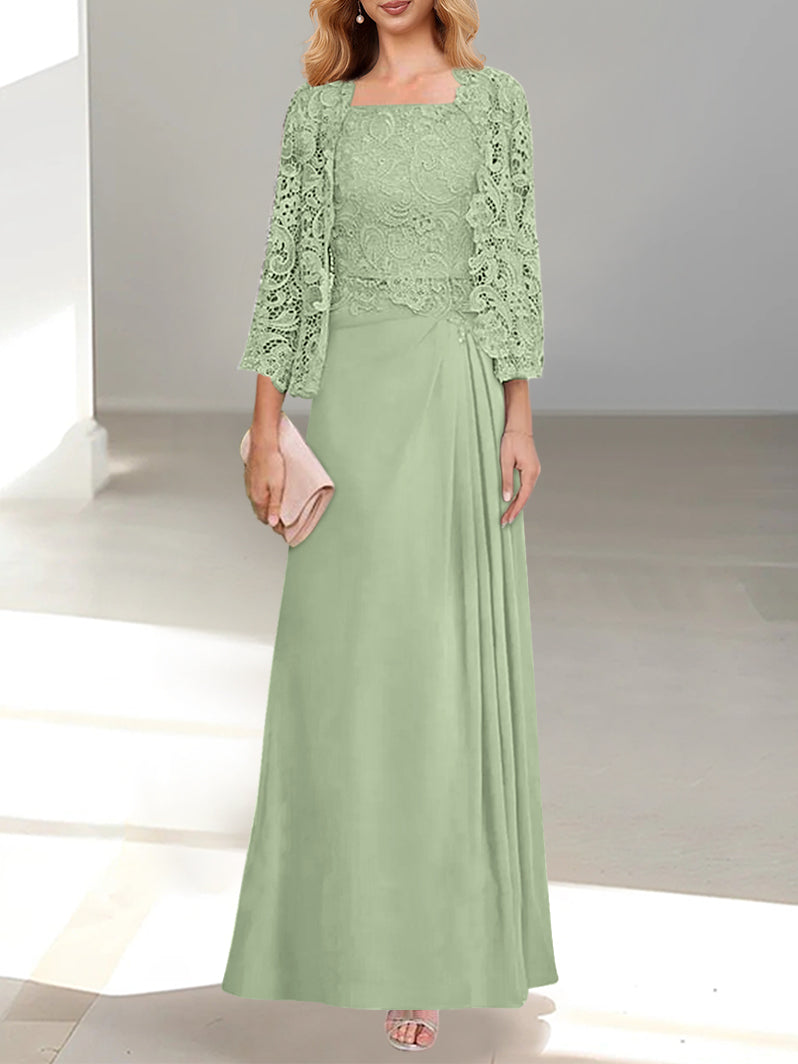 Robe De Mère De La Mariée 2 Pièces Coupe A-line/princesse Avec Décolleté Plongeant Et Longueur Au Sol Et Appliques Plissées Et En Dentelle