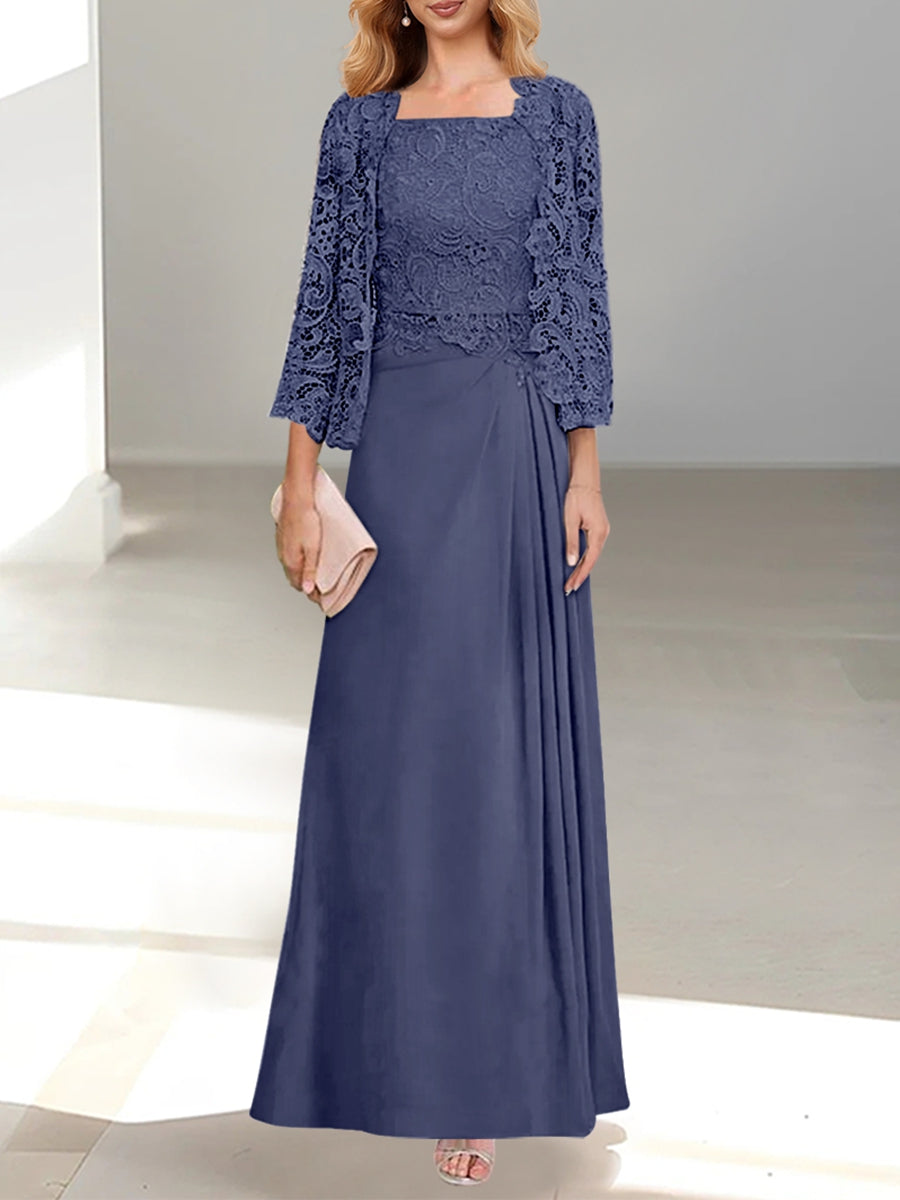 Robe De Mère De La Mariée 2 Pièces Coupe A-line/princesse Avec Décolleté Plongeant Et Longueur Au Sol Et Appliques Plissées Et En Dentelle