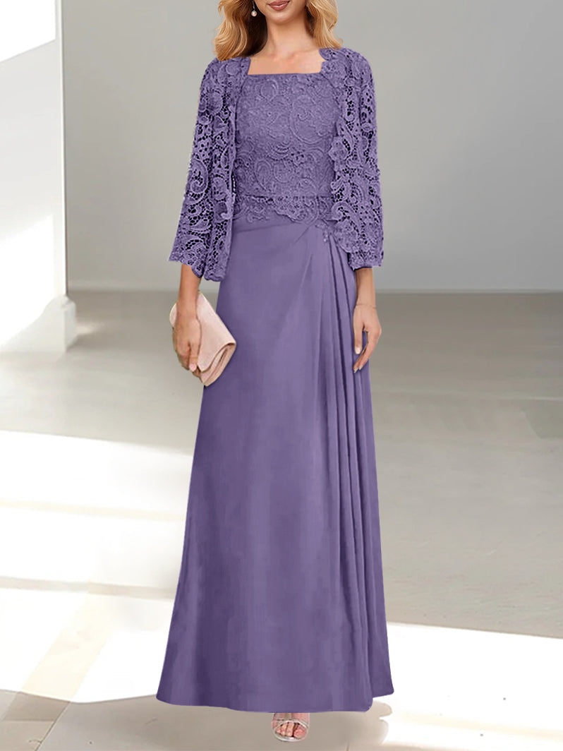 Robe De Mère De La Mariée 2 Pièces Coupe A-line/princesse Avec Décolleté Plongeant Et Longueur Au Sol Et Appliques Plissées Et En Dentelle