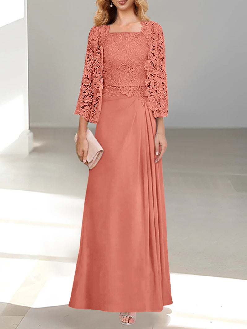 Robe De Mère De La Mariée 2 Pièces Coupe A-line/princesse Avec Décolleté Plongeant Et Longueur Au Sol Et Appliques Plissées Et En Dentelle