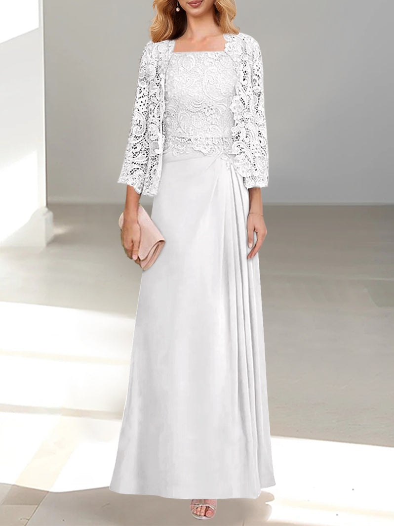 Robe De Mère De La Mariée 2 Pièces Coupe A-line/princesse Avec Décolleté Plongeant Et Longueur Au Sol Et Appliques Plissées Et En Dentelle