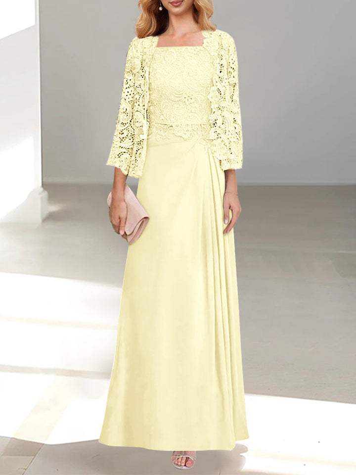 Robe De Mère De La Mariée 2 Pièces Coupe A-line/princesse Avec Décolleté Plongeant Et Longueur Au Sol Et Appliques Plissées Et En Dentelle