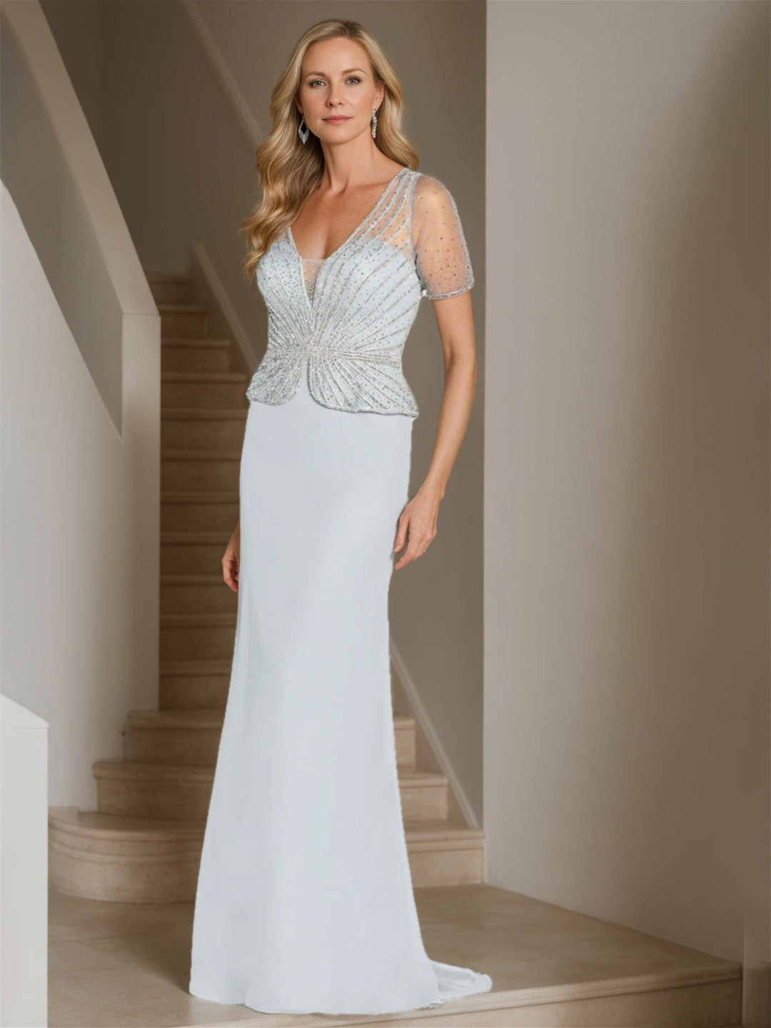 Robes de Mère de la Mariée Fourreau/Colonne à Col en V et Manches Courtes, Longueur Au Sol