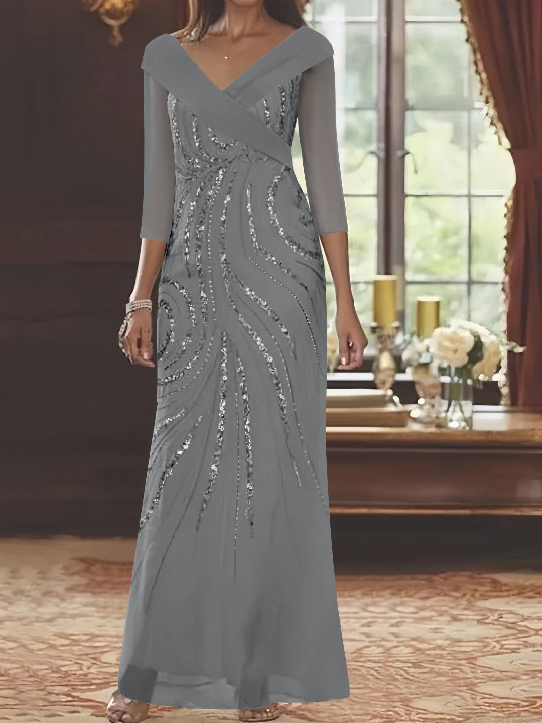 Robe de Mère de la Mariée Fourreau/Colonne à Col en V et Manches 3/4, Longueur Au Sol, avec Paillettes