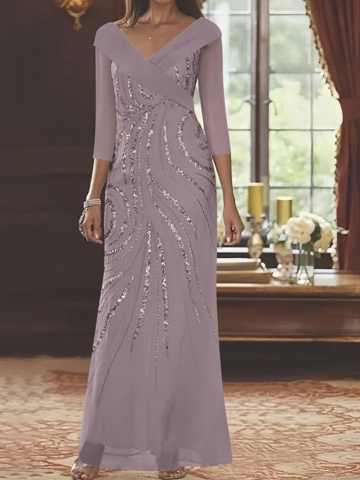 Robe de Mère de la Mariée Fourreau/Colonne à Col en V et Manches 3/4, Longueur Au Sol, avec Paillettes