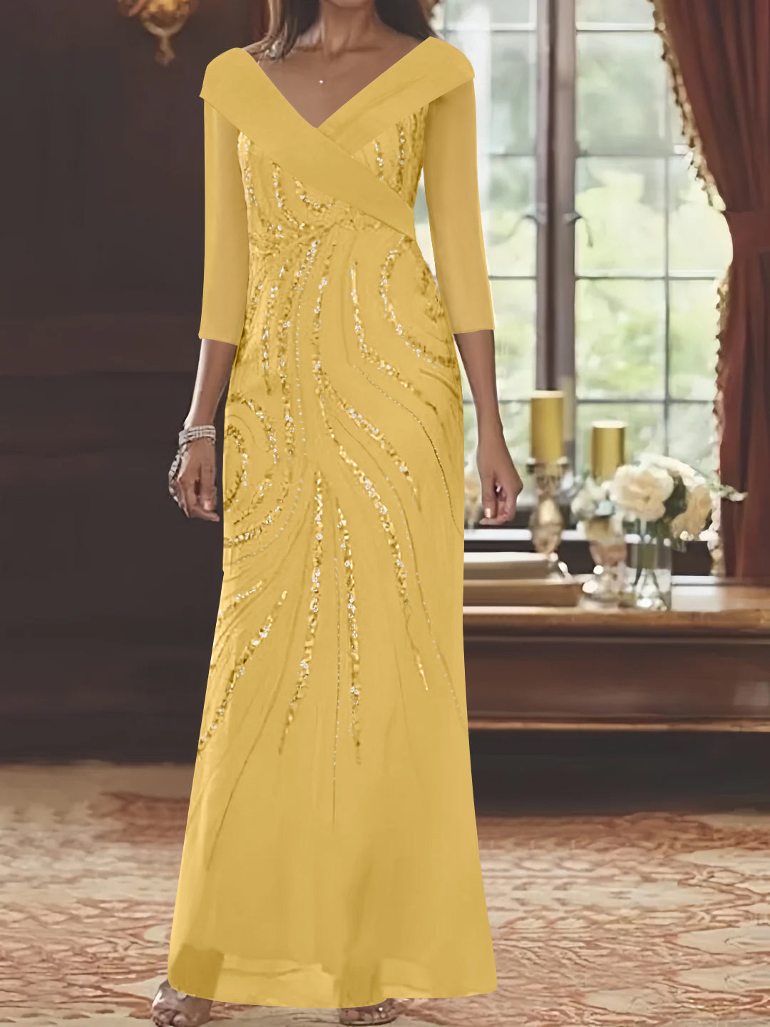 Robe de Mère de la Mariée Fourreau/Colonne à Col en V et Manches 3/4, Longueur Au Sol, avec Paillettes