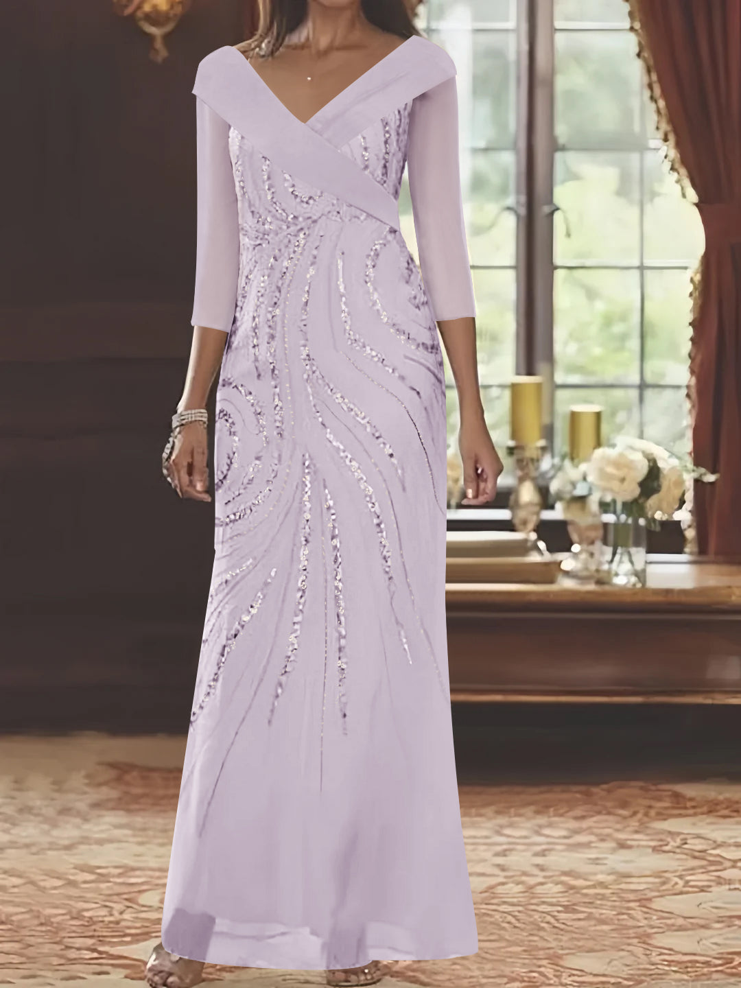 Robe de Mère de la Mariée Fourreau/Colonne à Col en V et Manches 3/4, Longueur Au Sol, avec Paillettes