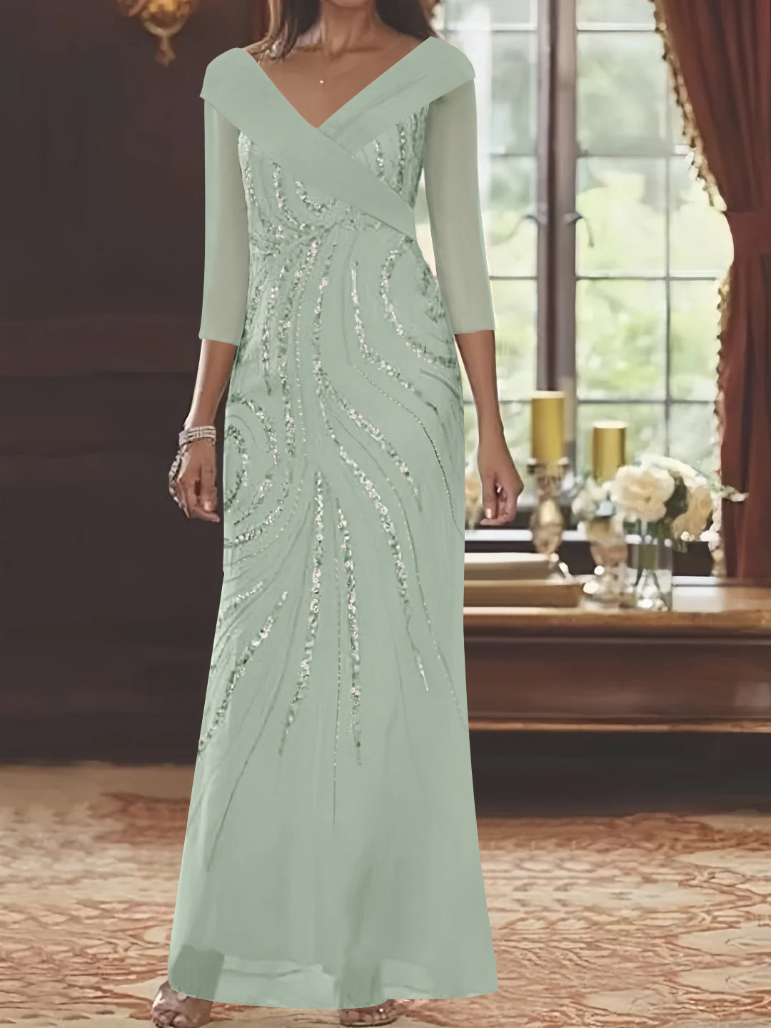 Robe de Mère de la Mariée Fourreau/Colonne à Col en V et Manches 3/4, Longueur Au Sol, avec Paillettes