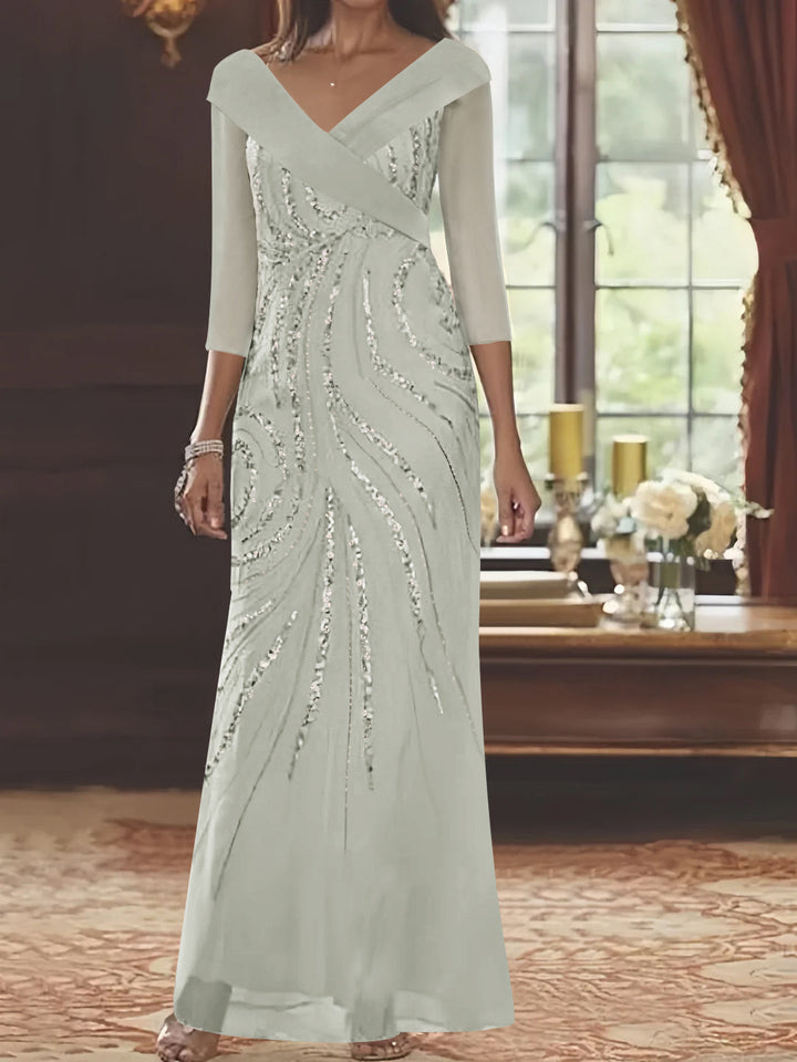 Robe de Mère de la Mariée Fourreau/Colonne à Col en V et Manches 3/4, Longueur Au Sol, avec Paillettes