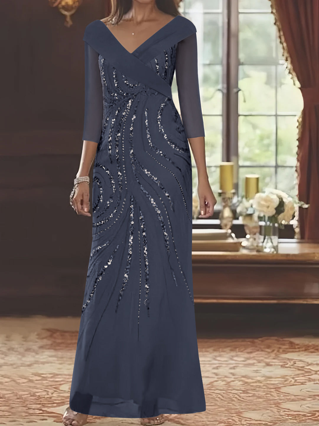 Robe de Mère de la Mariée Fourreau/Colonne à Col en V et Manches 3/4, Longueur Au Sol, avec Paillettes