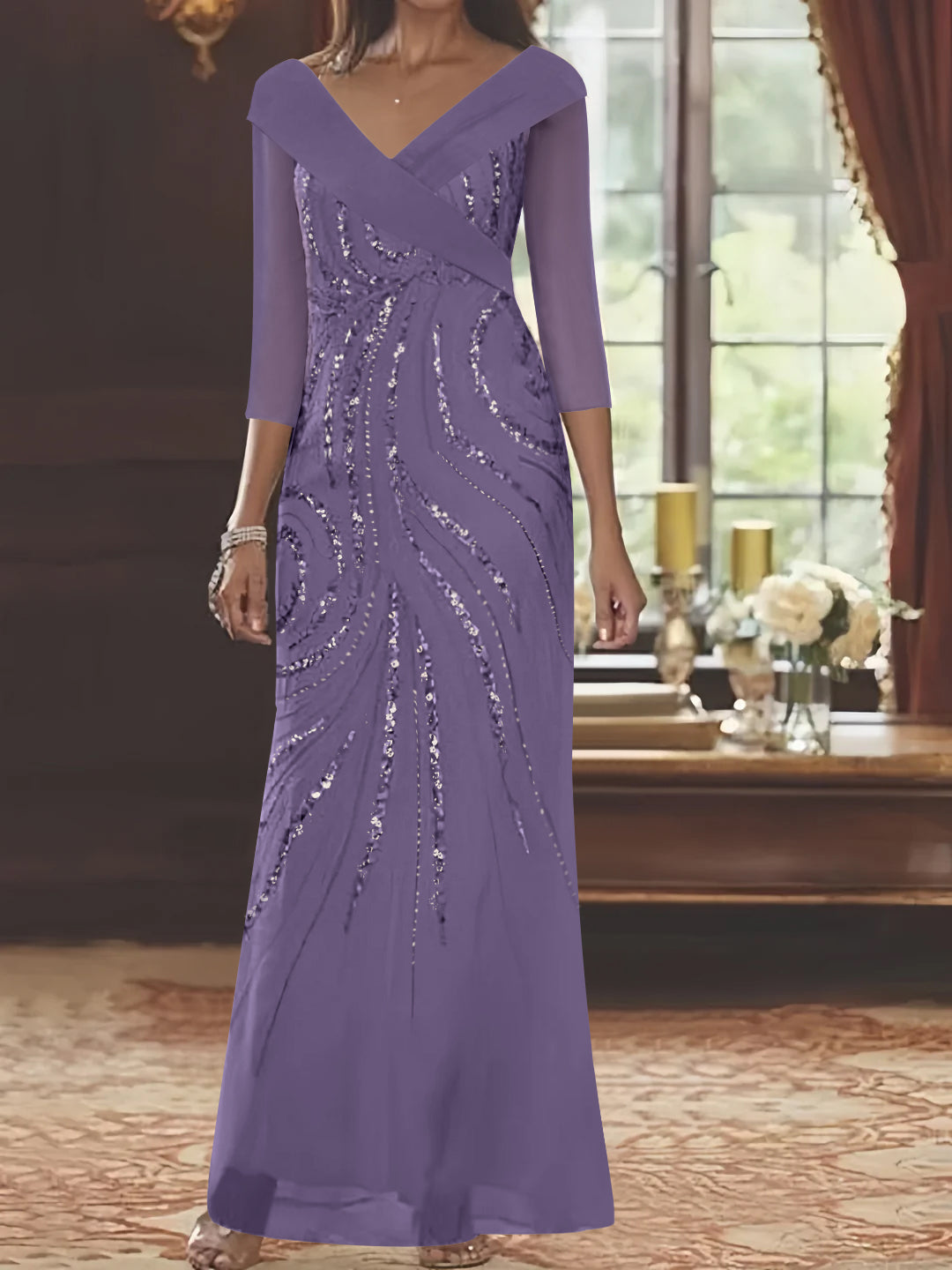 Robe de Mère de la Mariée Fourreau/Colonne à Col en V et Manches 3/4, Longueur Au Sol, avec Paillettes