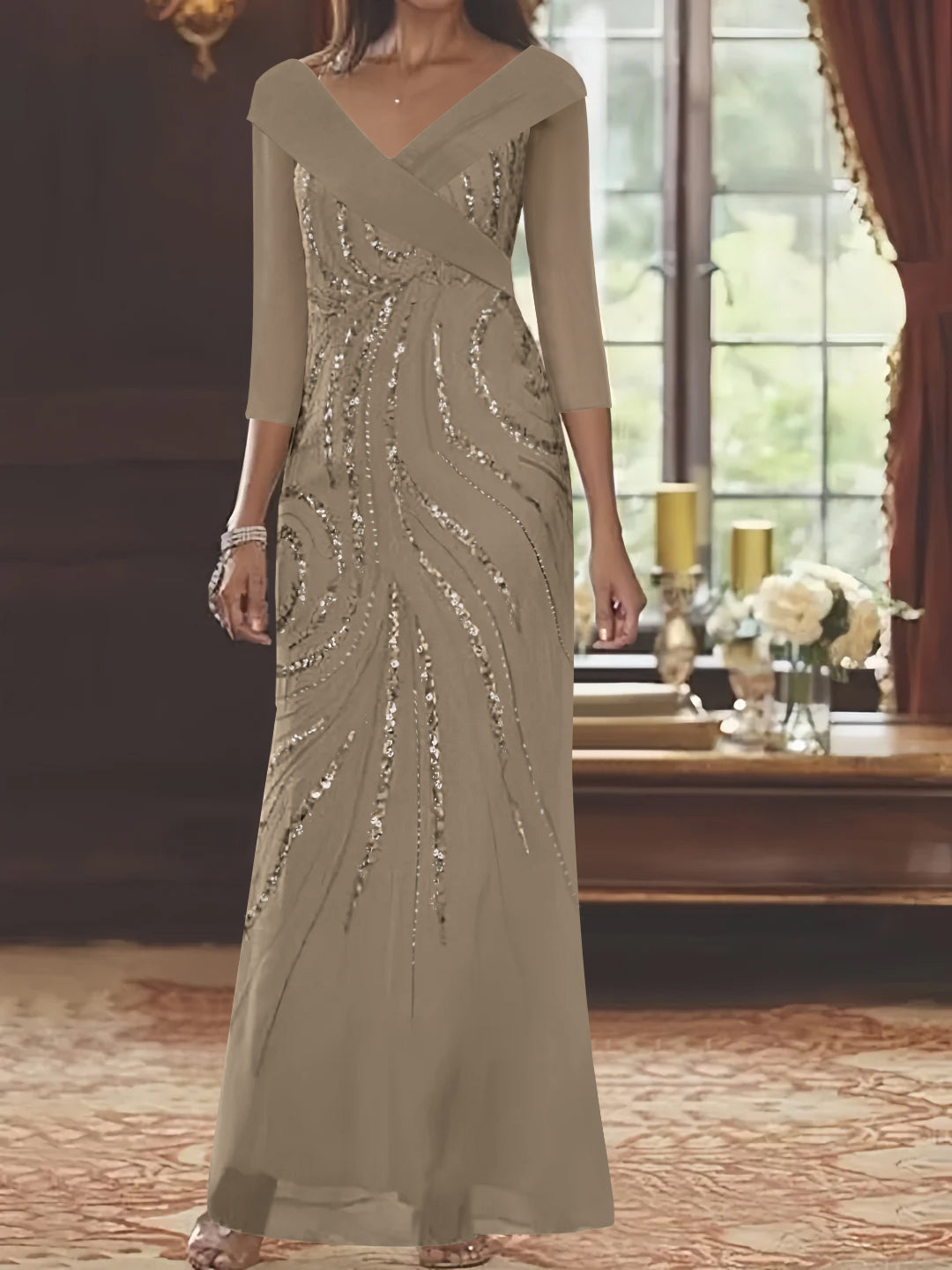 Robe de Mère de la Mariée Fourreau/Colonne à Col en V et Manches 3/4, Longueur Au Sol, avec Paillettes