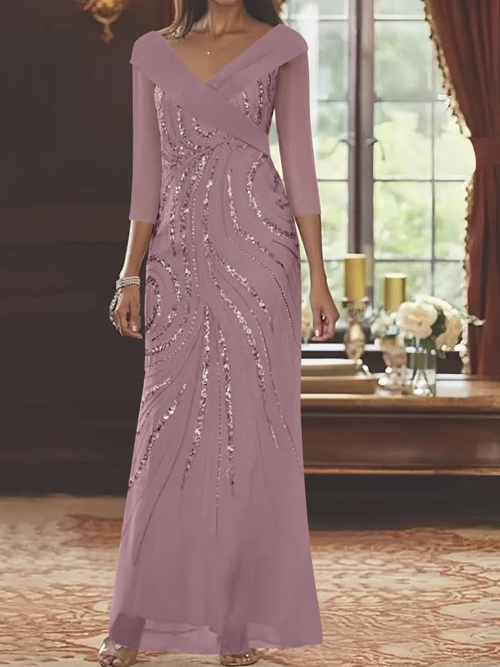 Robe de Mère de la Mariée Fourreau/Colonne à Col en V et Manches 3/4, Longueur Au Sol, avec Paillettes