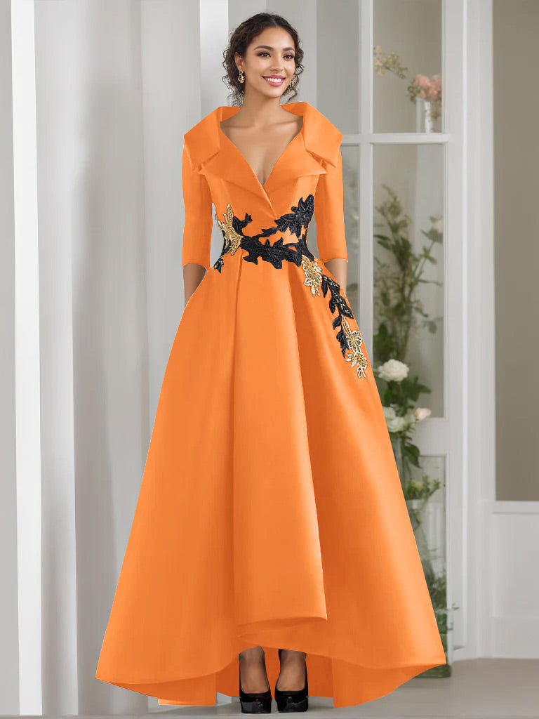 Robe de Mère de la Mariée Coupe A-Line/Princess à Col en V et 3/4 Manches, Longueur Au Sol, avec Appliques et Perles