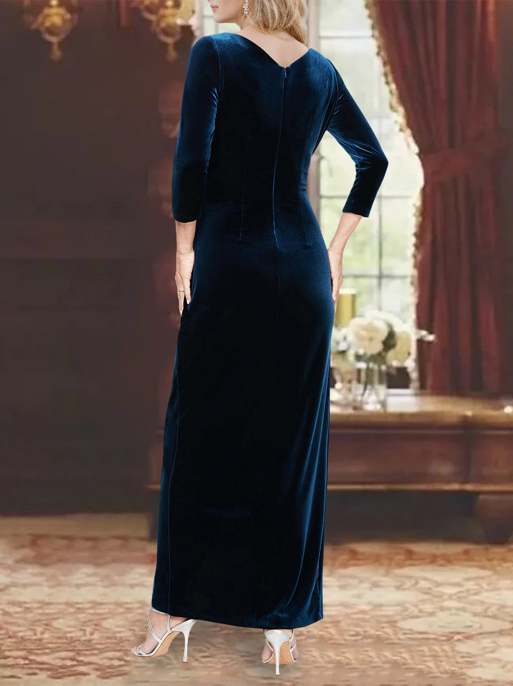 Robe de Mère de la Mariée Asymétrique à Volants, Coupe A-Line/Princesse, Col en V, Manches 3/4