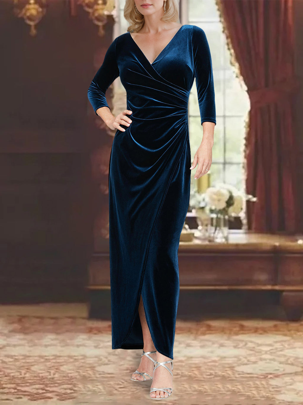 Robe de Mère de la Mariée Asymétrique à Volants, Coupe A-Line/Princesse, Col en V, Manches 3/4