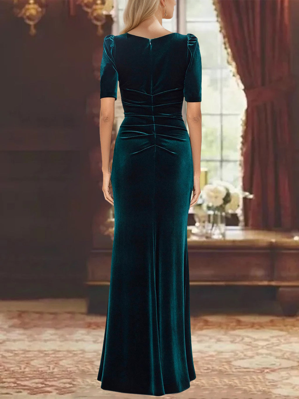 Robe de Mère de la Mariée Coupe A-Line/Princess à Demi-Manches et Longueur Cheville avec Volants