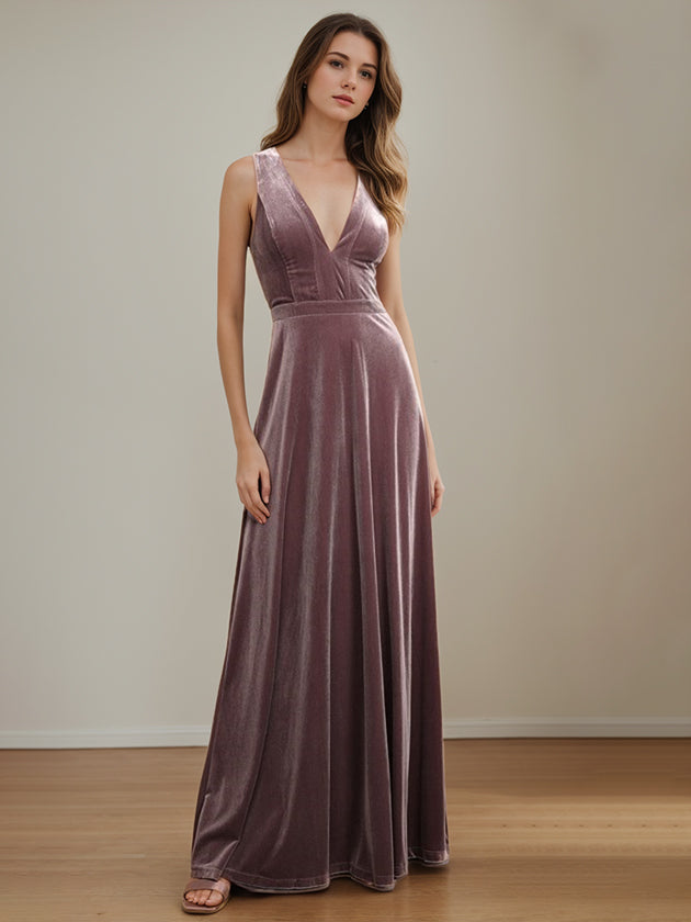 Robe de Mère de la Mariée en Velours, Coupe A-Line/Princess, Col en V, Sans Manches, Longueur Au Sol