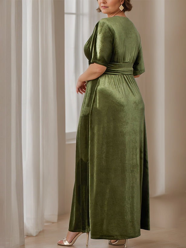 Robe de Mère de la Mariée en Velours Grande Taille, Coupe A-Line/Princess, Col en V, Manches Mi-Longues, Longueur Au Sol, avec Volants