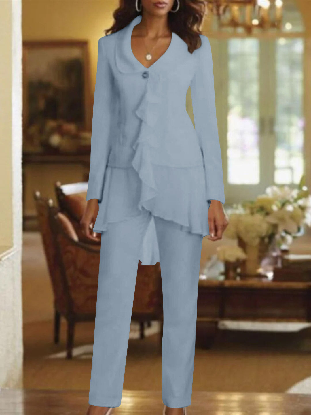 Tailleur-Pantalon Blanc à Col en V et Manches Longues pour Mère de la Mariée avec Volants