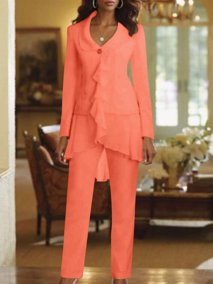 Tailleur-Pantalon Blanc à Col en V et Manches Longues pour Mère de la Mariée avec Volants