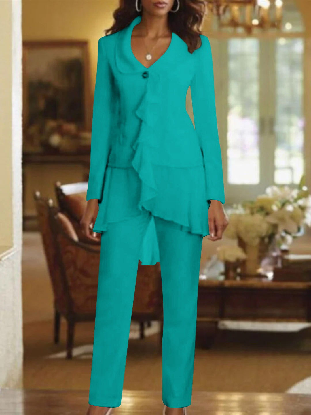Tailleur-Pantalon Blanc à Col en V et Manches Longues pour Mère de la Mariée avec Volants
