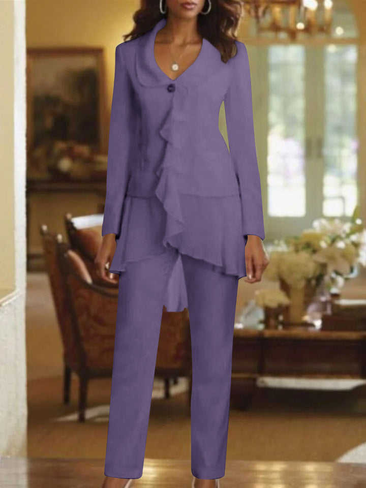 Tailleur-Pantalon Blanc à Col en V et Manches Longues pour Mère de la Mariée avec Volants