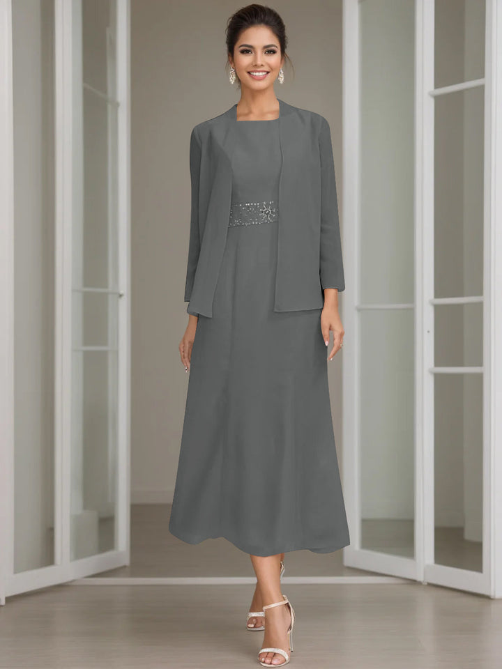 Gaine/Colonne Collier Bijou Tea Length Robes Mère de La Mariée avec veste & Perles