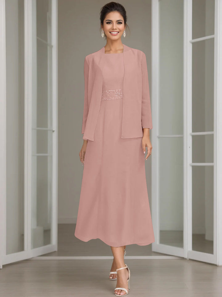 Gaine/Colonne Collier Bijou Tea Length Robes Mère de La Mariée avec veste & Perles